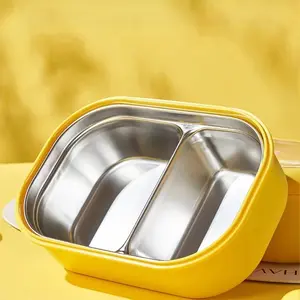 Cute Cartoon Theme Stainless Steel Bento Box with Smiley Lid, Leakproof Insulated Dual Compartment, Perfect for School and Office Lunches, Thermal Lunch Box