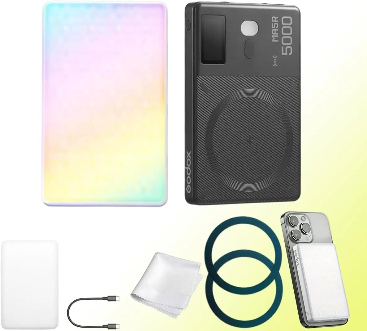 Godox MA5R Full-Color LED Light, Magnetic Charging Selfie Light CRI95 TLCI97, CCT 1800K-10000K,14 Fx Modes,HSI Adjustment,NFC/Bluetooth Connectivity,GM Adjust, 0%-100% Adjust, forYouTube/TikTok etc., Youtube, 14 Pre-Programmed Effects, 2 In 1 Function