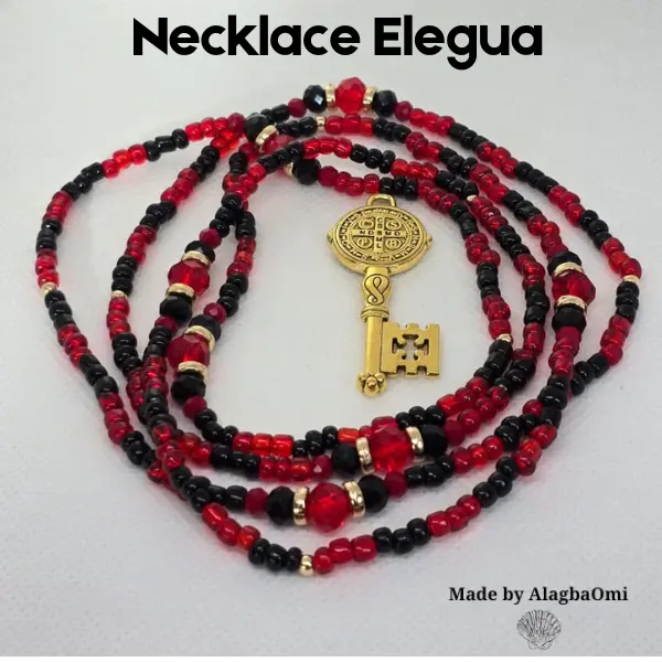 Elegua Necklace Black and Red Beads with Gold Key Detail 21.2 Inches Long Handcrafted Jewelry