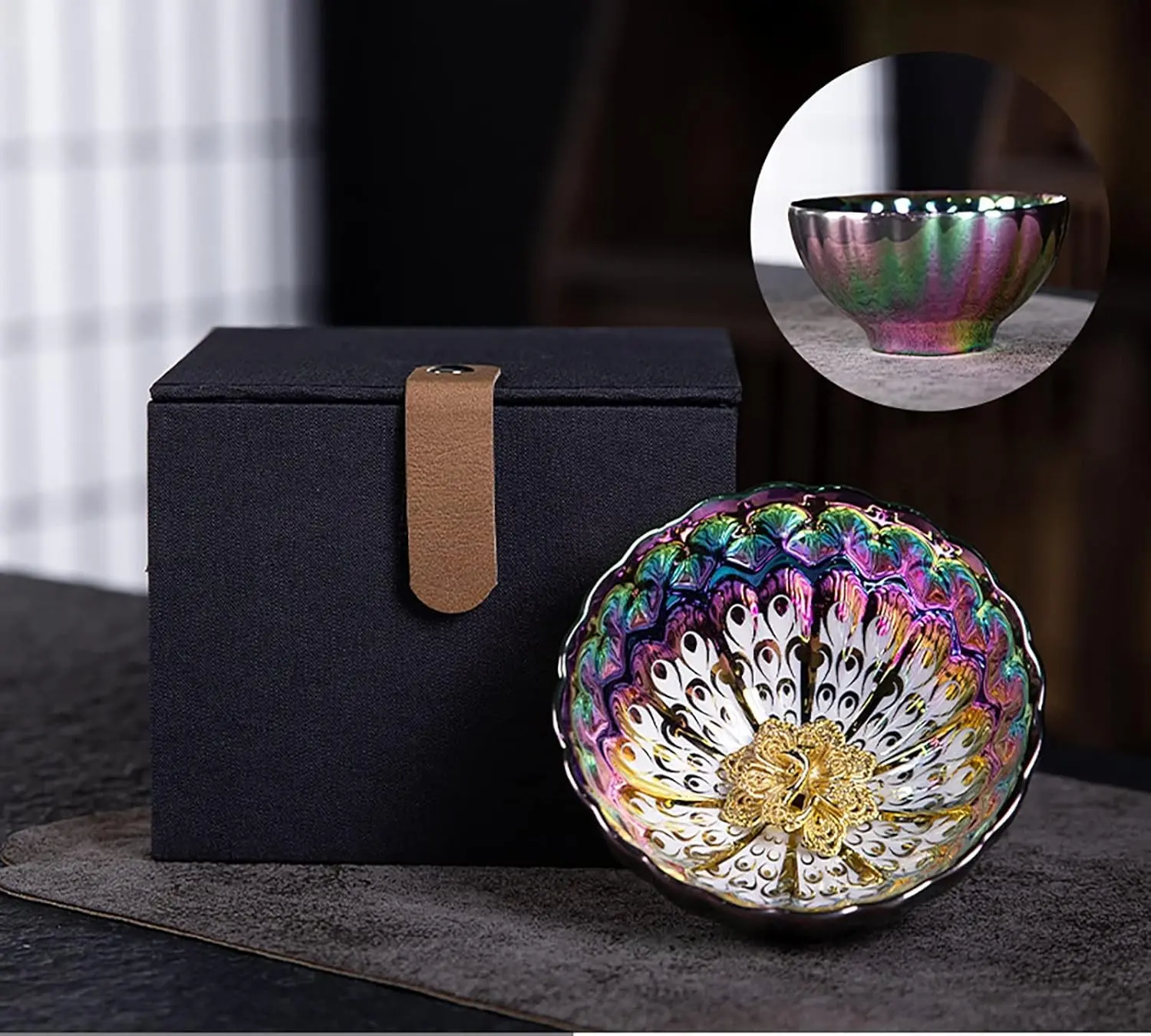 "Gold and Jade Fill the Hall" — Golden Peacock Jianzhan Teacup Gift Box Set | Rainbow Kiln-Changed Ceramic | Kung Fu Tea Master Cup | Peacock Feather Pattern | A Symbol of Good Fortune & Elegance, Artistic & Functional Teaware, Collectible Ceramic Teaware