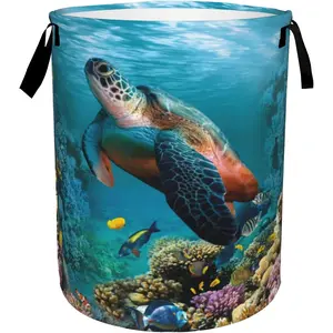Sea Turtle Large Basket,Ocean Tropical Fish Laundry Hamper//Home/Collapsible Round Bin,Boys Girls Dirty Clothes Hamper/Boxes/Toys 16x20 Inch