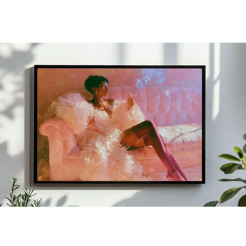 Abstract Fashion Woman In Sofa Pink Ruby Digital Wall Art, Glam Room Decor, Trendy Girl Fine Art Poster, Magenta Watercolor Print posterrrr