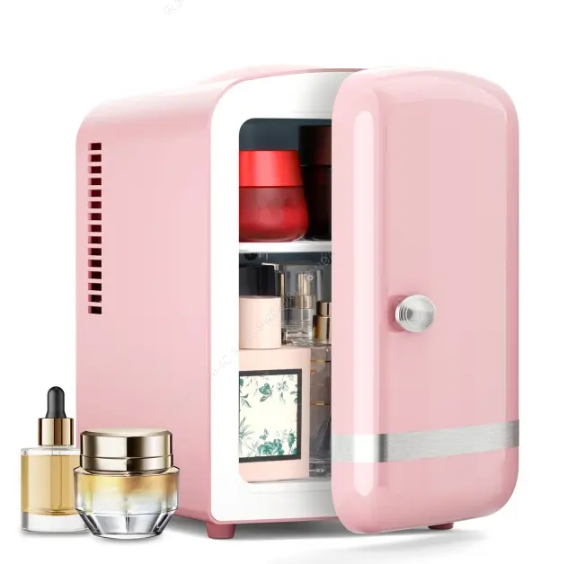 Kismile Retro Mini Portable Fridge - 4L Compact Beverage Refrigerator with 6-Can Capacity, Dual Temperature Control, Freezer, Pink for Dorm, Skincare Storage, Mini Fridge