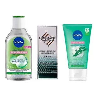 Oily Skincare 3 PIECE Kit from Mexico - Matte Effect Skincare Routine with Micellar Water, Purifying Gel, & LuxeMatte Day Cream SPF 50 (GREEN MICELLAR, EFECTO MATE EXFOLIANT, GREEN MAYAM)