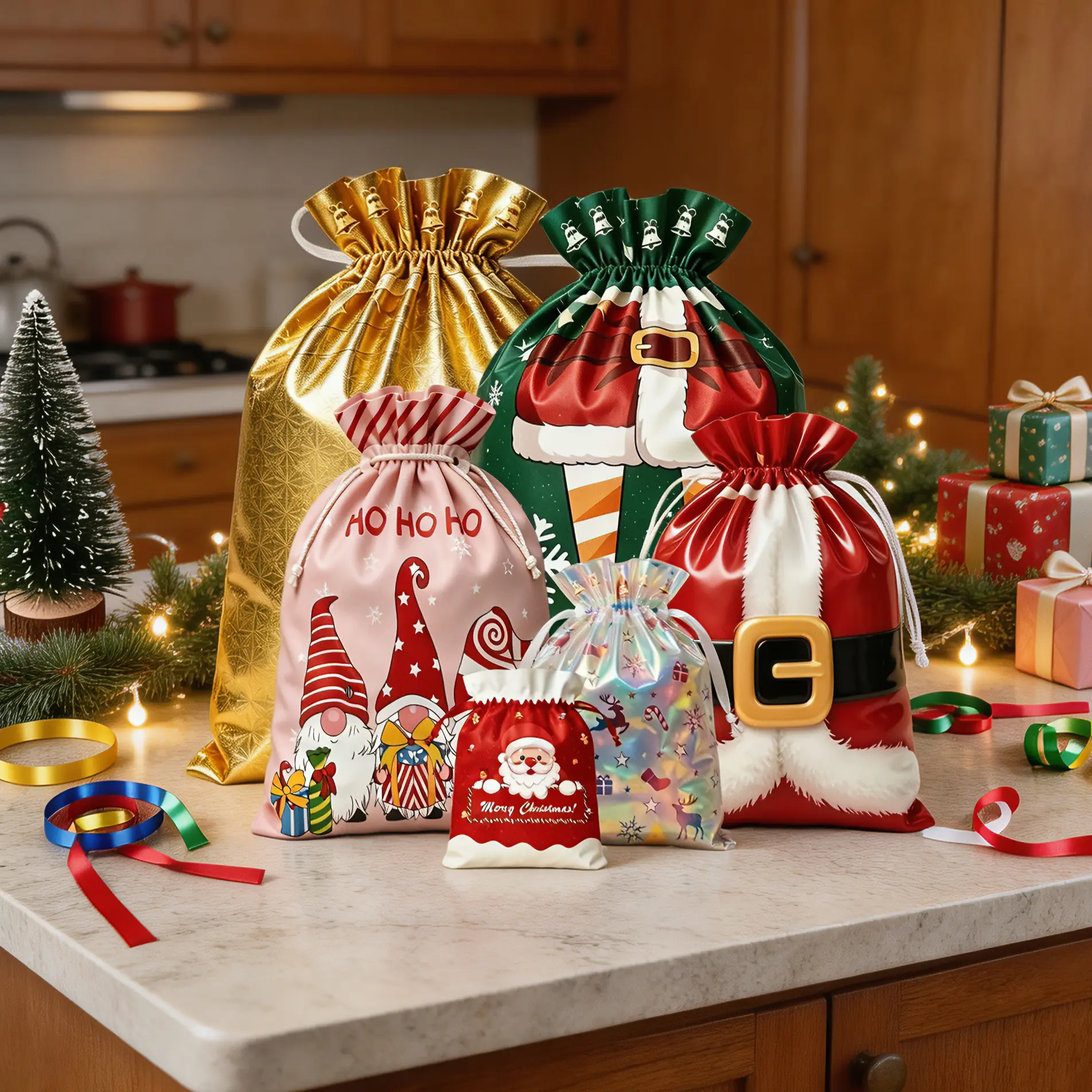 54PCS Reusable Christmas Drawstring Gift Bags Set, Assorted Small, Medium, Large & XL Holiday Gift Bags with Ribbon, Foil Christmas Present Bags with 18 Festive Designs, Santa, Snowman & Reindeer Patterns, Xmas Gift Wrap Bags for Party Favors & Treat Bags