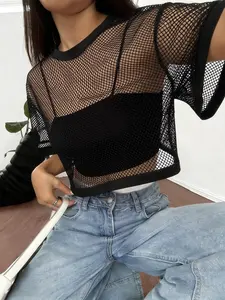 TikTok Viral 2026 Women's Sheer Mesh Crop Top, Fishnet Short Sleeve T-Shirt with Contrast Trim, Y2K Grunge Streetwear Aesthetic, Fashion, Festival, Club, Daily Wear - Summer See Through Cover Up Top for Teen Girls & Young Women - 2026 Street Style
