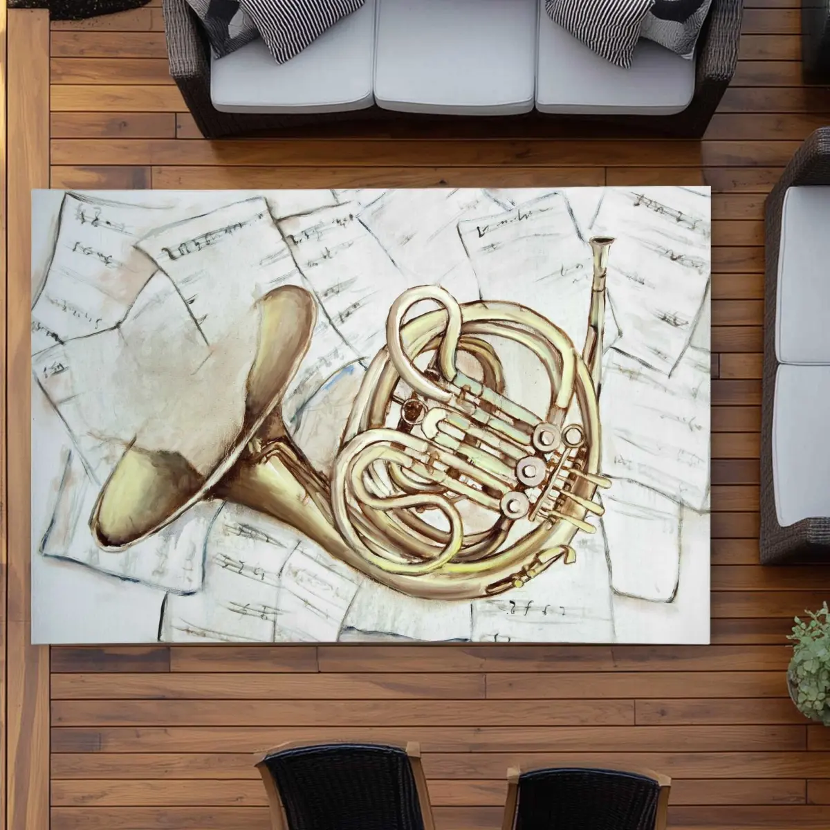 Begin Home Decor C1ROAR57FJ2TAC 5 x 7 ft. Horn on Music Sheet Outdoor Rectangle Area Rug - White Home Decor