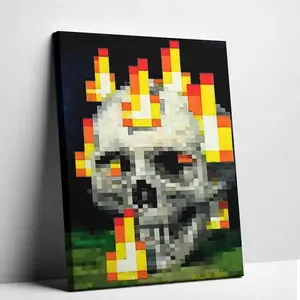 Vivid Pixel Skull Flame Canvas Poster, Art Decor Style, Indoor Wall Art for Living Room, Bedroom, Bathroom Decor - Machine-Printed Home Decoration, Bedroom Artwork