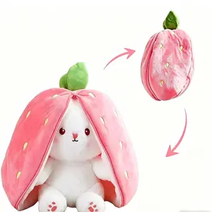 7-inch Soft & Cute Strawberry-to-Rabbit Reversible Plush Toy (#SummerVibes)— Double-Sided Flip Stress Reliever, Easter Decor & Ornament, Adorable Long-Eared Bunny Holiday Gift