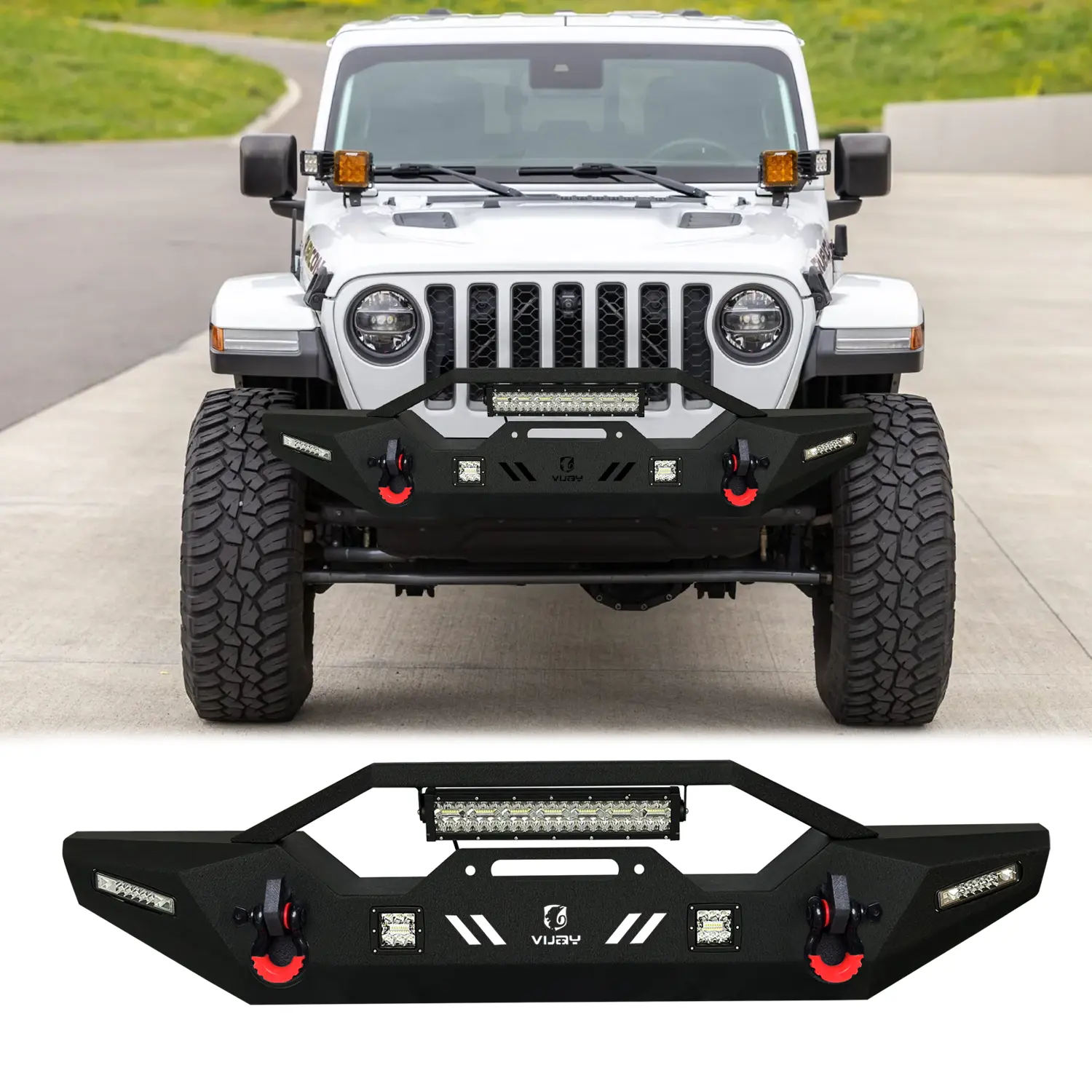 Vijay  Black Texture Front Bumper, Compatible with 2007-2025 Jeep Wrangler JK JKU JL JLU & 2020-2024 Gladiator JT, W/ Built-In Winch Plate, 1x120W LED Aluminum Light & D-Rings, Led Light Simple screw installation, Off Road