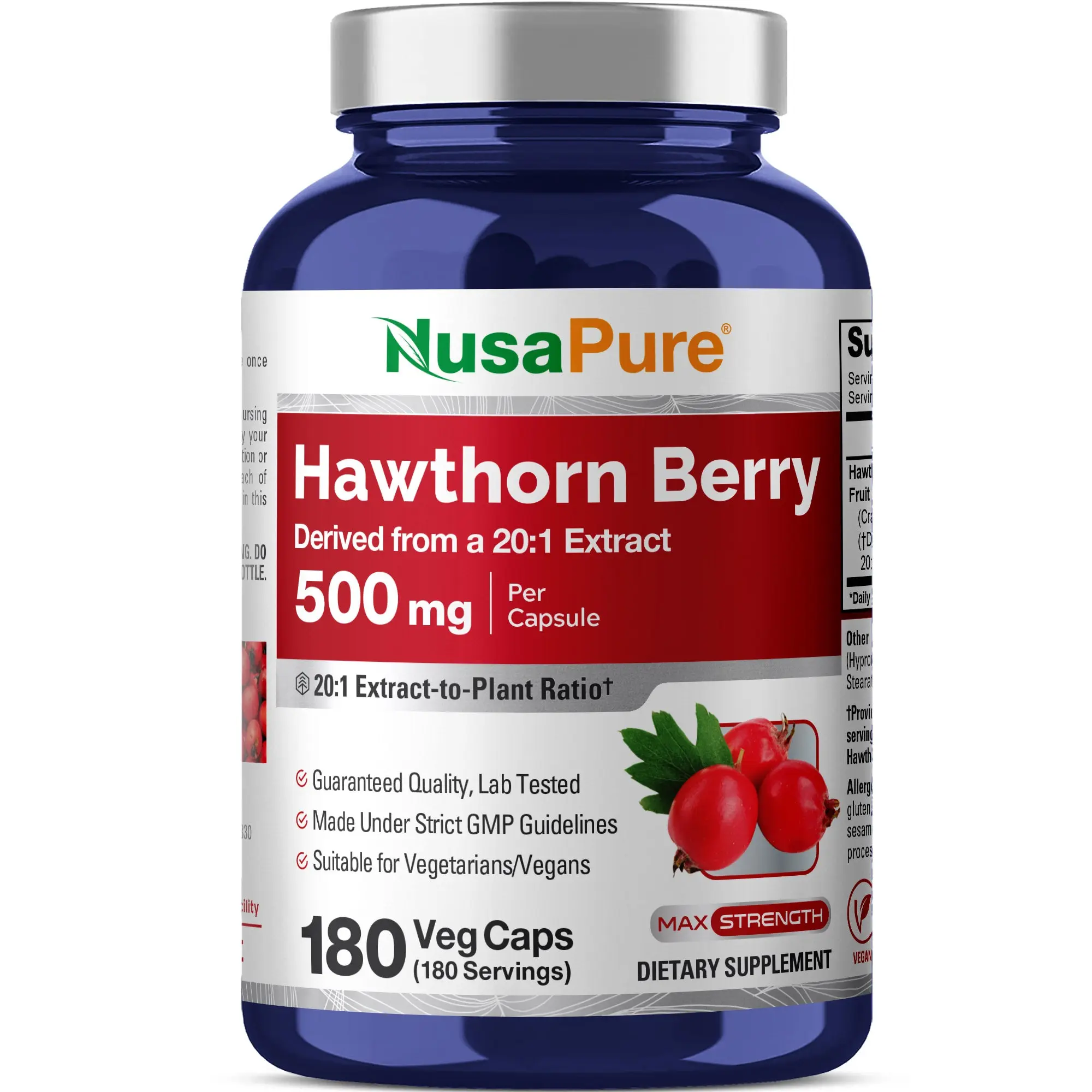 NusaPure Hawthorn Berry 20:1 Extract Dietary Supplement Veggie Capsules, 500 mg, 180 Count, Blood Pressure Support, Antioxidant Vitamin Boost, Vegetarian/Vegan, Non-GMO, GMO Free