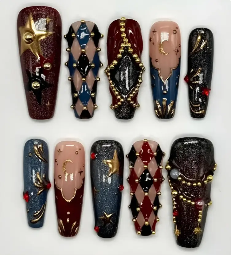 Circus Carnival Press On Nails | 3D Harlequin & Star Art | Handmade Fake Nails