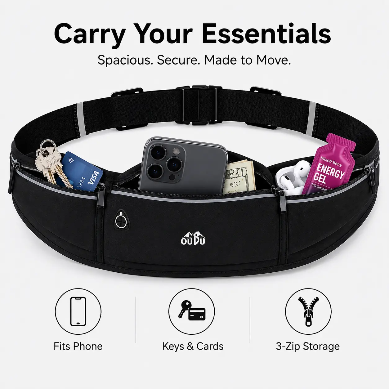 Unisex Body Hugging Slim Profile Running Fanny Pack Belt - Black Running Accessories, Adjustable 3-Pockets Waist Length Design with Headphone Port, Lightweight Hands-Free Phone Holder for Running, Travel