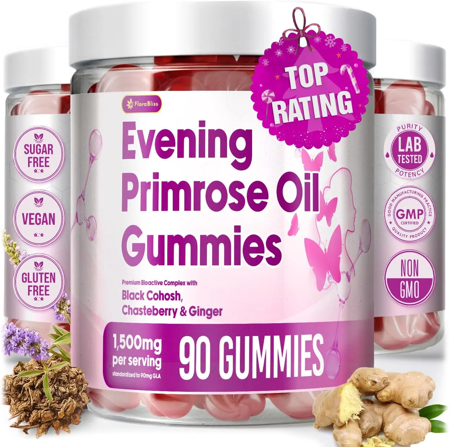 FloraBliss Evening Primrose Oil Gummies | 1500mg | with Black Cohosh, Chasteberry, Ginger Extract for Daily Women's Wellness Support | Vegan, Non-GMO, Sugar-Free