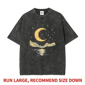 Celestial Crescent Moon And Stars Night Sky Heavyweight Boxy Fit T-Shirt - Vintage Washed Oversized - Pure Cotton Graphic Tee - Whimsical Aesthetic