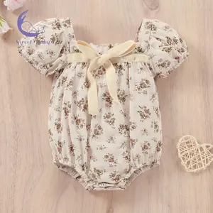 Baby Romper/ Dress, Flower Print Square Neck Short Sleeve Bodysuit/  for Summer Cloth Cozy Cotton Casual Cute baby boy clothes baby clothes girl baby stuff clearance