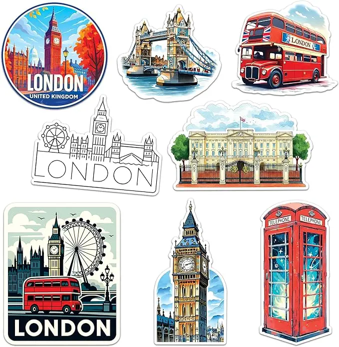 8 Pcs London Sticker Vinyl Stickers Laptop Waterproof Decal for Car Bumper Water Bottle Notebook Luggage Window Party Birthday Decorations