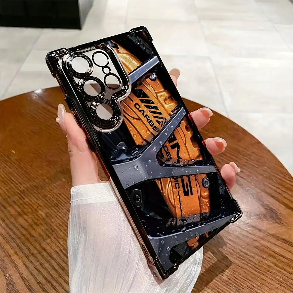 Luxury Sports Car Wheel & Brake Texture Design Phone Case, Transparent Soft TPU Anti-Drop Cover for Samsung S25/S24/S23/S22 Plus Ultra & iPhone 17 Air/16/15/14/13/11