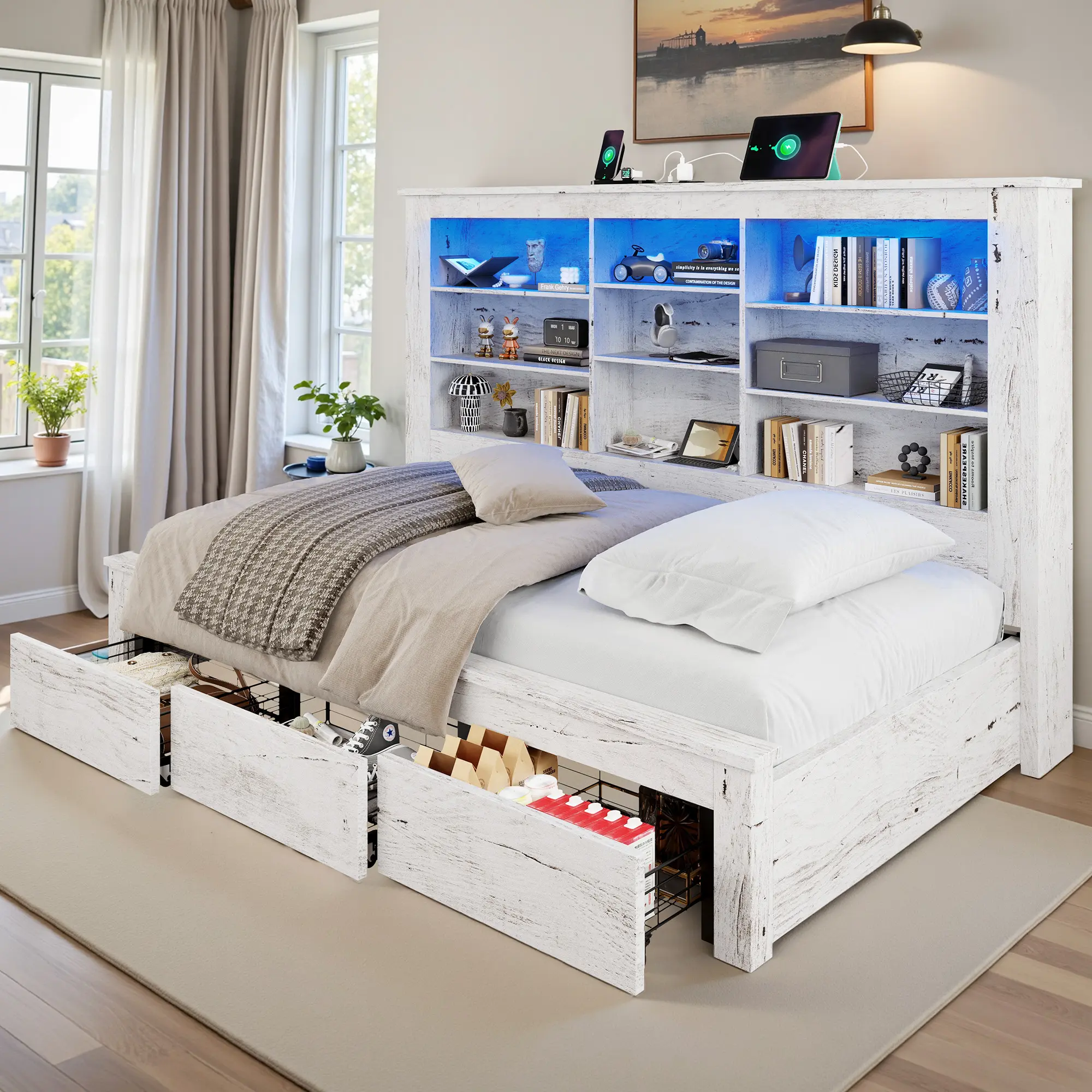 [Summerwins]VanAcc Twin Daybed with Bookcase Headboard, USB-C Charging, RGB Lights & 3 Drawers, No Box Spring Needed, Farmhouse Wood Bed Frame for Teens, Dorms, Guest Room, Apartment