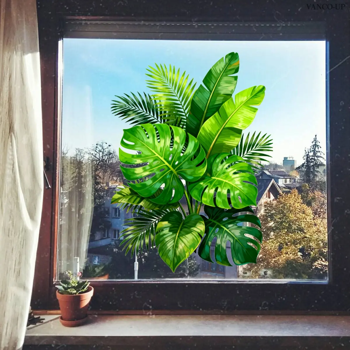 A (30*40cm) Monstera banana leaf and palm leaf window sticker, static cling glass decal for home decoration, window and shop window beautification, D21626