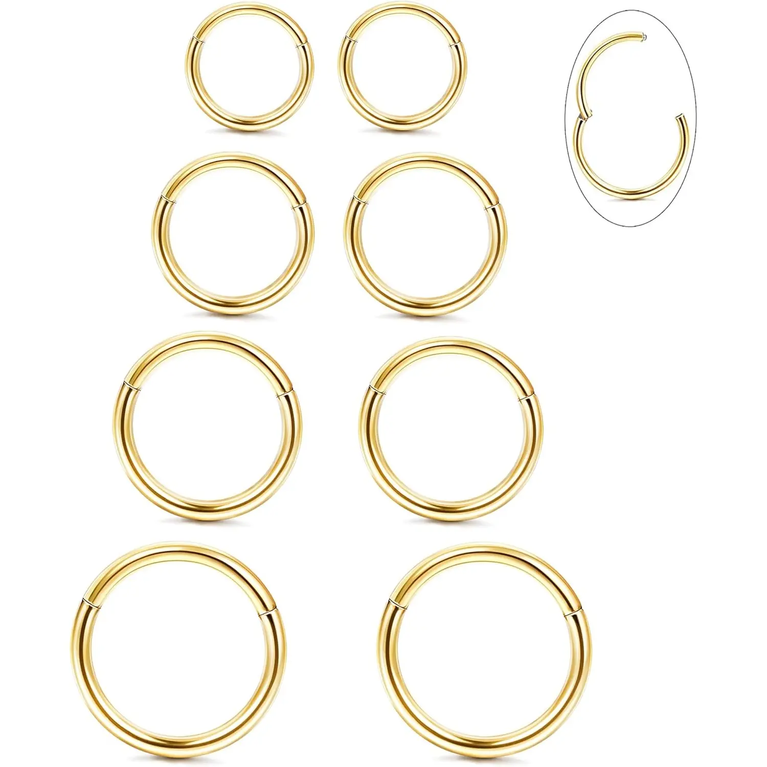 Milacolato 8Pcs 16G G23 Titanium Nose Hoops, Minimalist Seamless Hinged Clicker Rings for Septum, Lip, Cartilage Piercings, Hypoallergenic, Rook Piercing, Helix Earring, Conch Piercing Jewelry, Daily Wear, Multi-Size, Nose Rings For Women, Geometric, Clic