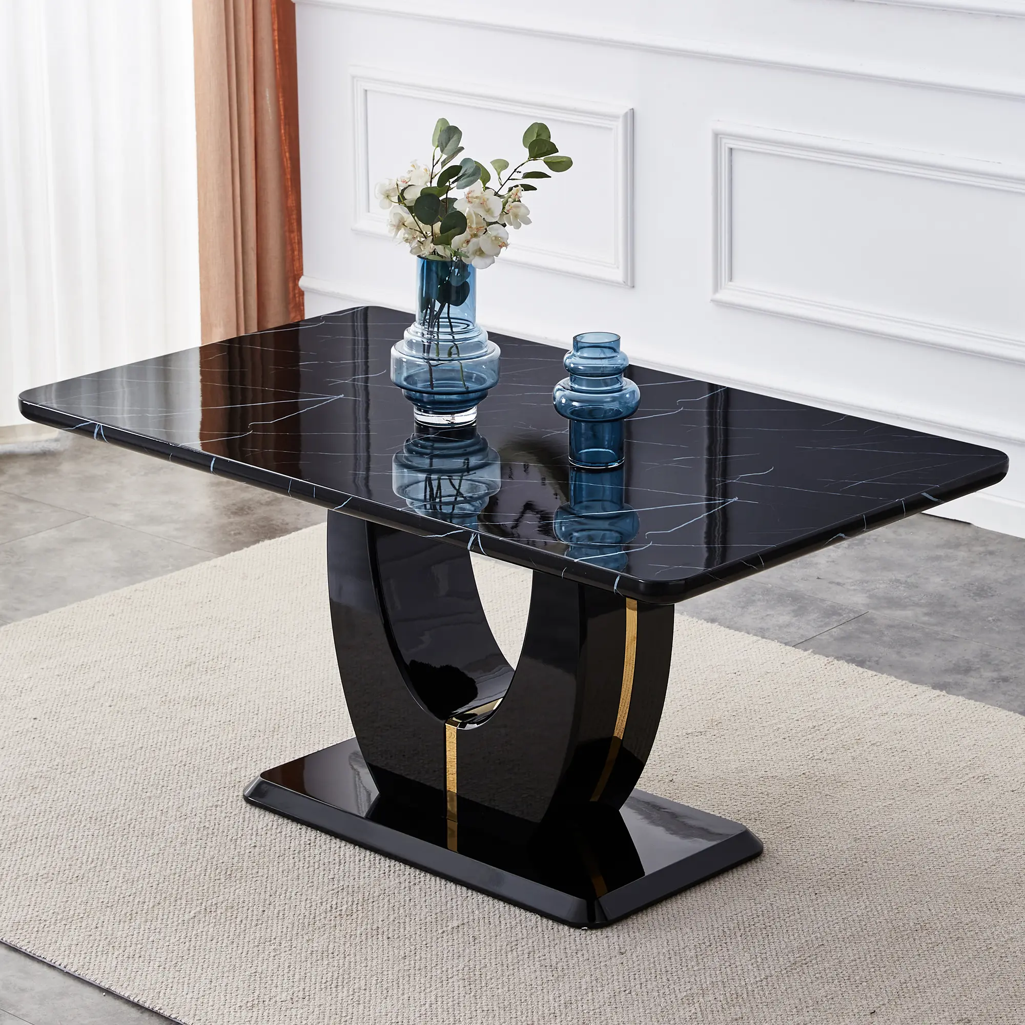63" Marble-Look Dining Table for 6, Modern Rectangular Dining Table,Black imitation marble grain MDF dining table,Easy To Clean Sturdy,Suitable for Dining Room, Office, Kitchen