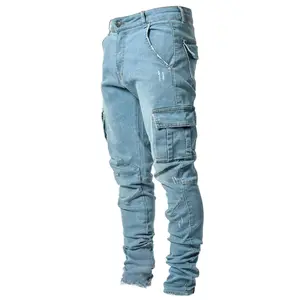 European Station Casual Trendy Men's Stretch Multi-Pocket Slim Fit Jeans Cross-Border Trade Slimming Denim Workwear Hot Item Menswear Trouser Pants Streetwear Beige Plain Operator Light Blue patch  pants