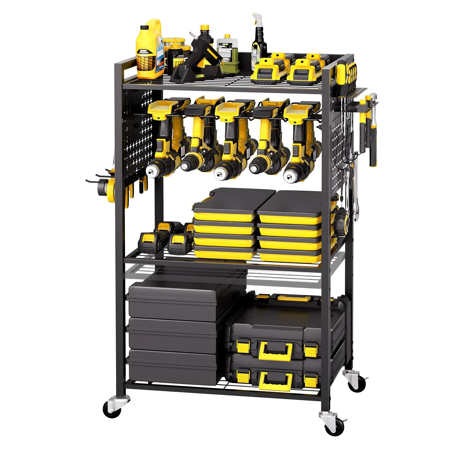 VEVOR 4-Tier Adjustable Configurable Multi-Functionality Stand Utility Cart, 150 lbs Load Capacity, Rolling Drill Holder, Heavy-Duty Floor Storage Rack for Workshop, Garage, Black (4-Shelf Adjustable Utility Cart), Adjustable Utility Carts, Four-Shelf Uti