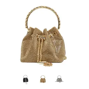 Chic Design Mini Bucket Bag Diamond Sling Purse with Long Chain Strap for Phone 14 P Clutch Purse 7"x 4.1"x 7.1"