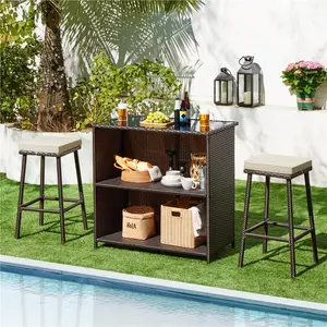 【Mother's Day Gift】Yaheetech 3-Piece Outdoor Bar Set Rattan Patio Furniture Set with 2 Storage Shelves, Glass Top Table, Cushions and Two Stools