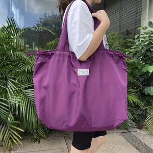 High-Quality Large Purple Shoulder Tote Bag - Durable Polyester, Foldable & Reusable Shopping Bag with Drawstring Closure and Nylon Lining, Lightweight & Washable for Everyday Use Folding