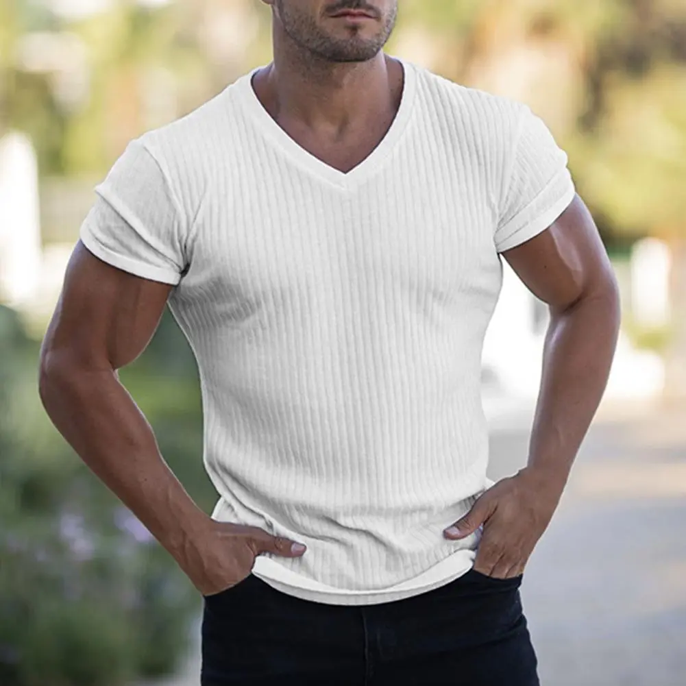 Deep V Neck T Shirt for Men Low Cut Vneck Wide Vee Tee Male Tshirt Invisible Undershirt Model Scoop Hem Slim Fit Short Sleeve