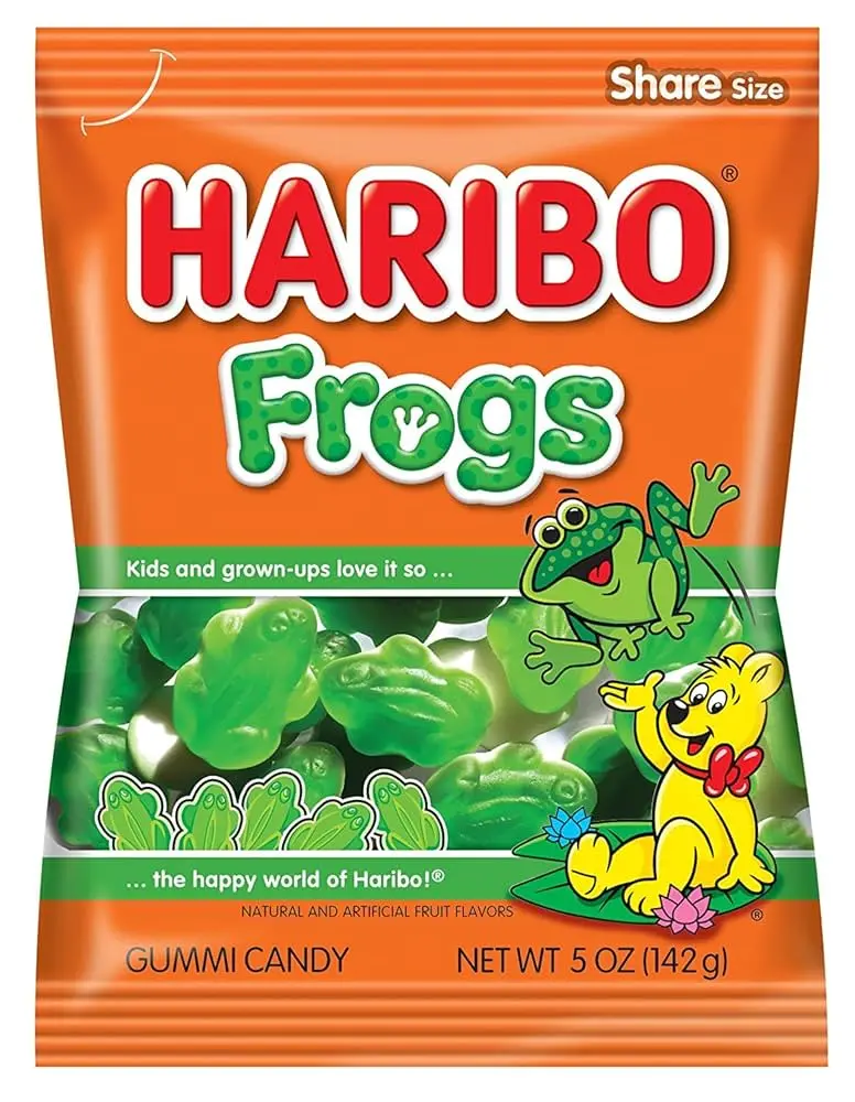 HARIBO Frogs Peach Flavored Gummy Candy 5 oz Share Size Soft Chewy Half Gummi Half Foam Texture German Treats