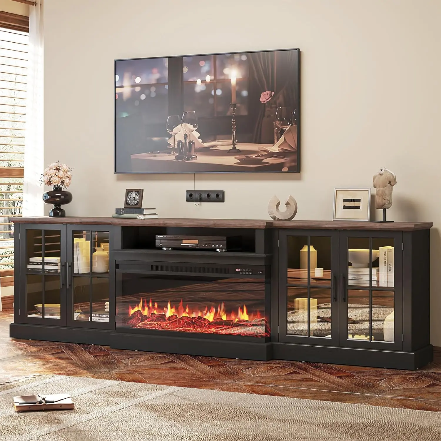 【3 Packages Shipping】98" Farmhouse TV Stand with 36" Fireplace for TVs up to 100", Media Entertainment Center with Adjustable Shelves and Large Storage Cabinets, for Living Room, Black & Black, Tv Shelf, Tv Console Cabinet