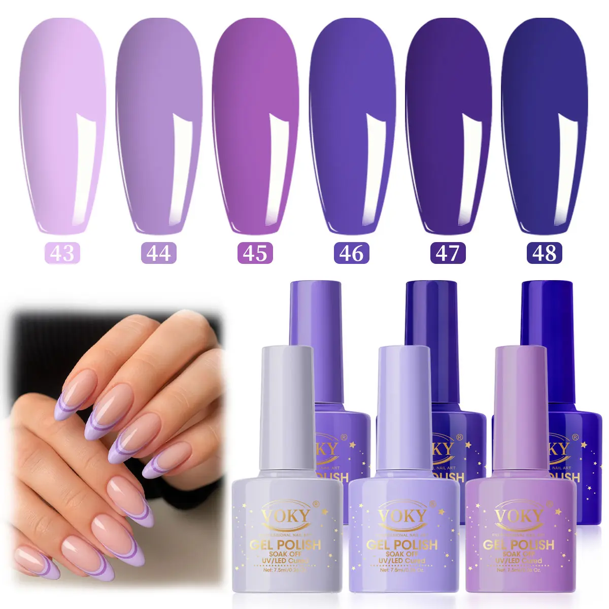 VOKY 6-Pack Elegant Purple Gel Nail Polish Bottles (#43-48 Set-1), Lavender to Deep Purple Gradient, UV LED Soak-Off, Smooth French Tip Ombre Kit, Salon Quality, Long-Lasting Glossy Nails, Wipe-Friendly Home Manicure Gift Supplies, French Tip Nails, Gel N