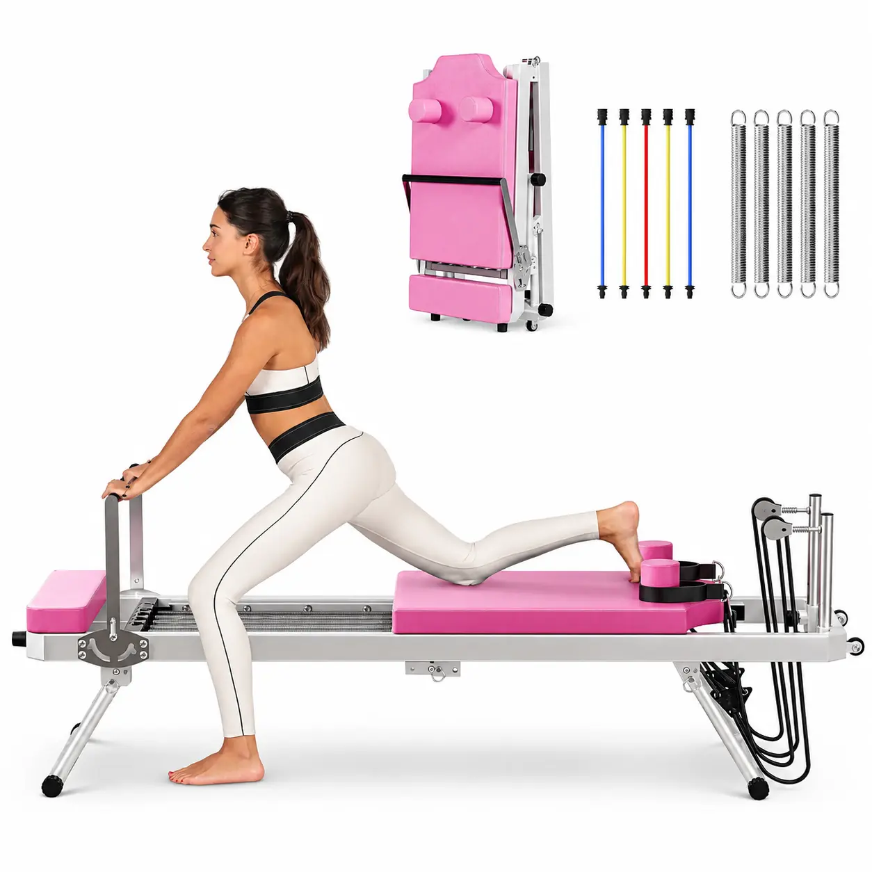 Foldable Pilates Reformer – 330LB Capacity, Space-Saving Home Studio, Full Body Workout with Resistance Cords & Eco-Silicone Leather