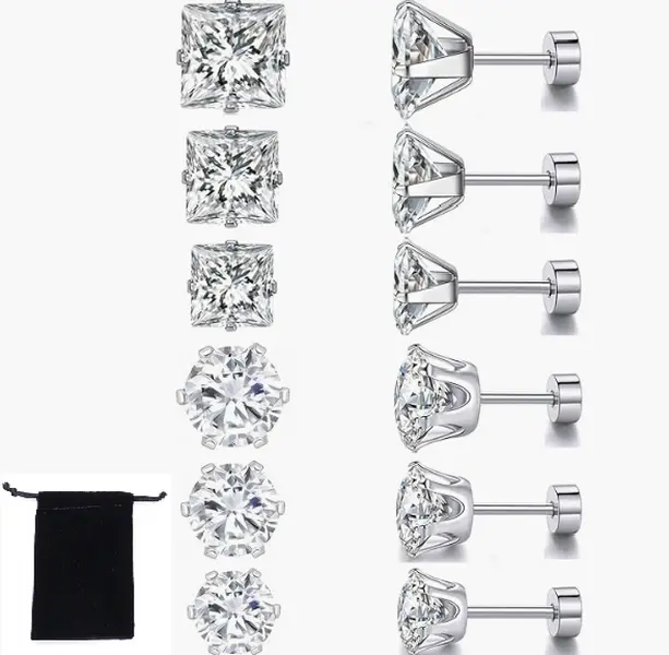 6 Pairs Titanium Flat Back Earrings, Surgical Stainless Steel Round Square Princess Cut CZ Screw Back Stud For Women Men Hypoallergenic Cubic Zirconia Earrings