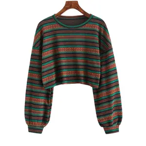 Women's Bohemian Tribal Graphic Cropped Knit Sweater - Long Sleeve Drop Shoulder, Rayon-Spandex Blend, Vibrant Striped Pattern, Machine Washable, Nonlining Casual Boho Pullover for All Seasons Knitwear Womenswear