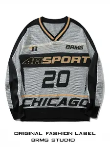 Men's Colorblock Letter & Figure Pattern Drop Shoulder Sweater Pullover, Casual Loose Long Sleeve V Neck Jumper for Spring & Fall, Fashion Men's Knitwear for Daily Wear