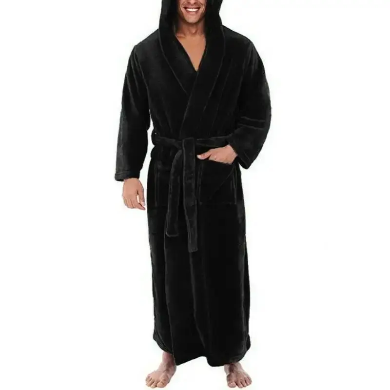 Men's 5XL Oversize Flannel Fleece Bath Robe - Cozy Wrap Front Loungewear, Winter Home Sleepwear, Solid Beige/Grey, Relaxed Fit