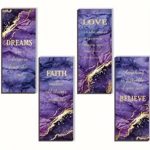 4pcs Inspirational Quotes Wall Decor, Decorative Artwork, Artistic Purple Golden Marble Design, Abstract Marble Pattern, Modern Wooden Rustic Style, Suitable for Bedroom, Living Room, Bathroom Decoration，Perfect for Room Decor