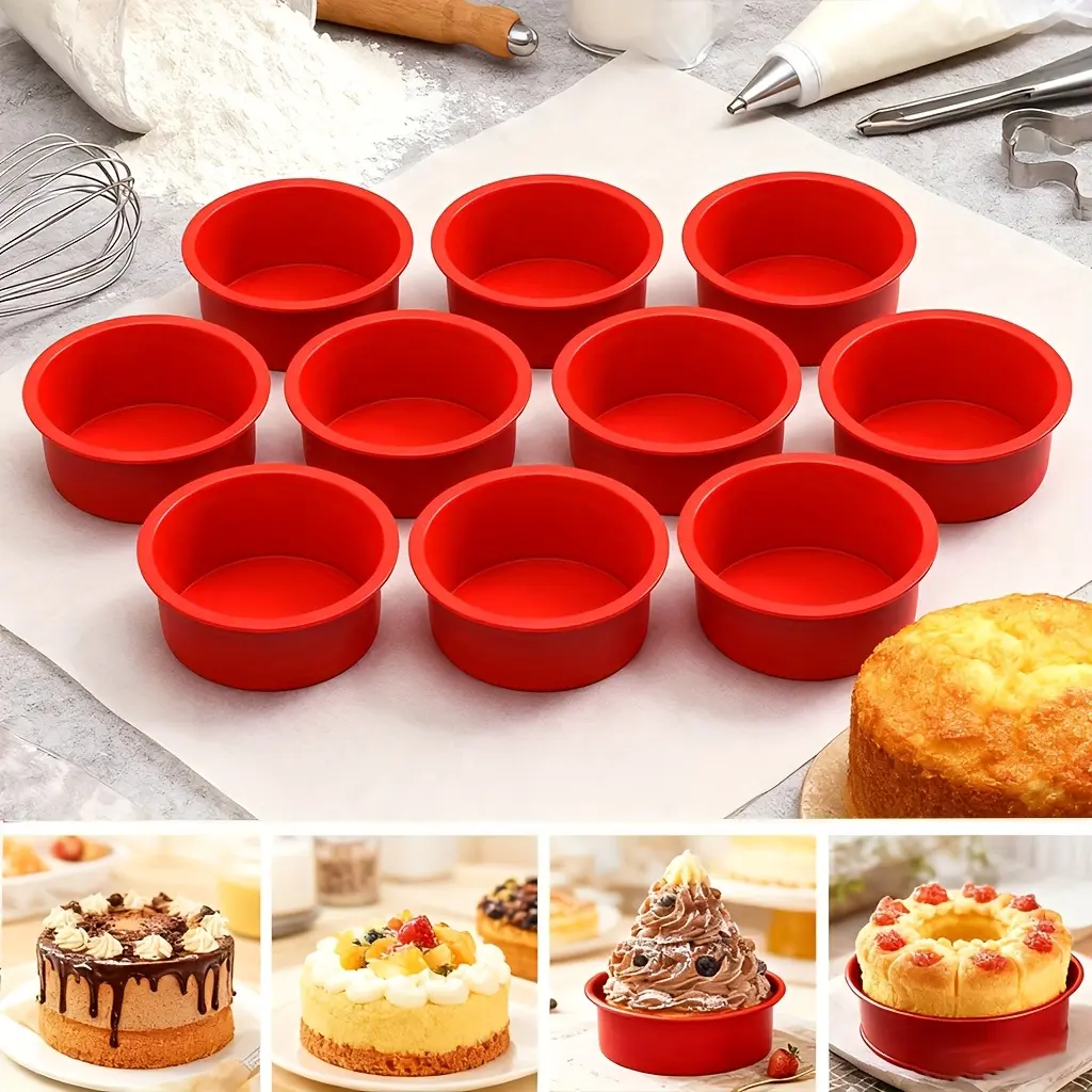 10 Pcs Silicone Mini Cake Pans, Non-Stick Baking Molds, 4 Inch Cupcake Molds, Reusable Pastry Bowls for Rainbow Cakes, Cheesecakes, Dessert Mousse, Home Baking, Kitchen Utensils, Christmas Baking, Silicone Muffin Pan, Nonstick Cupcake Pans