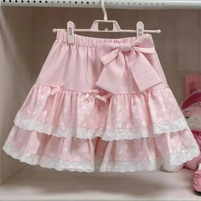 Japanese Sweet Pink Lolita Style Ruffles Cake Mini Skirt Women Polka Dot Print Short Skirt Girls Korean Kawaii Lace Bow Skirt