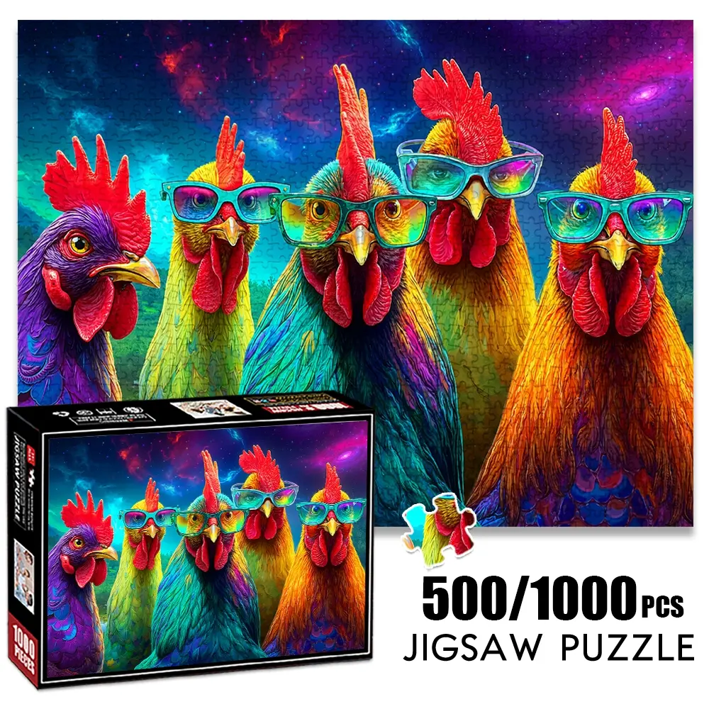 1pc 1000 piece adult puzzle 70x50cm Colorful Chickens Wearing Sunglasses500 pieces of paper jigsaw puzzle, suitable for adults and families, large-scale DIY puzzle interactive toy games, birthday hol Collage Jigsaw Puzzle
