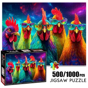 1pc 1000 piece adult puzzle 70x50cm Colorful Chickens Wearing Sunglasses500 pieces of paper jigsaw puzzle, suitable for adults and families, large-scale DIY puzzle interactive toy games, birthday hol