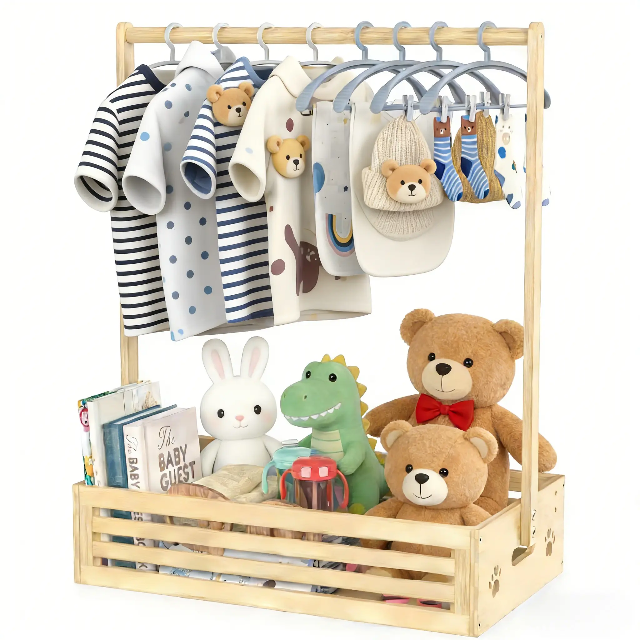 Wooden Baby Clothing Rack for Toddlers, Pet Clothes Organizer with Storage Bin & Adjustable Hanger, Ideal Gift for Babies & Kids, Nursery Furniture, Organization