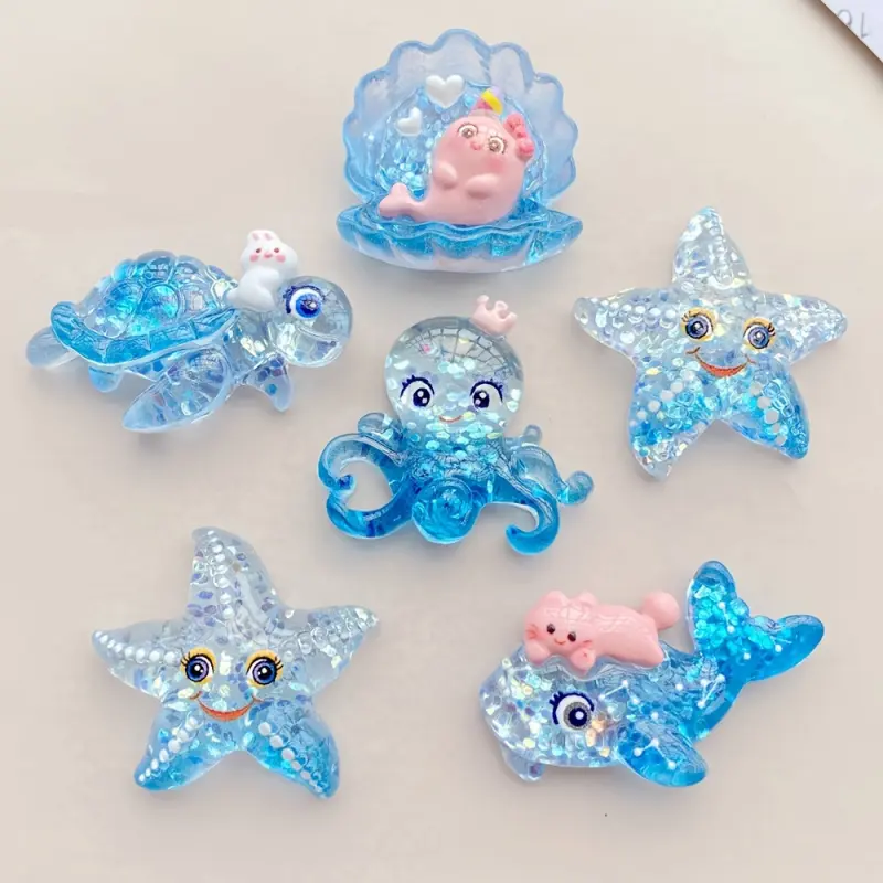 6-12 Pieces Shiny Blue Marine Resin Decorations, Animal Resin Figurine, Animal Resin Models, Cartoon Turtle Octopus Statue with Glitter, Resin Turtles, DIY Crafts, Wedding, Home Accessories, Home Decor Ornaments