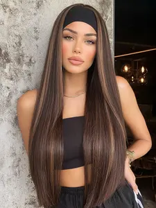 Ice Silk Headband Wig, Mixed Long Straight Hair, 26 Inches, Heat Resistant, Suitable for Daily Commuting, Synthetic Hair Wig, Straight Synthetic Wigs