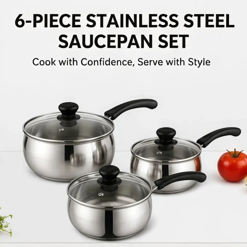6-Piece Thick Stainless Steel Cookware Set Pack, Evenly Heated Non-Stick Milk Pots with 3 Multi-Specification Pots & 3 Glass Lids, Compatible with Induction Cookers & Gas Stoves, Ideal for Baby Food, Boiling Noodles