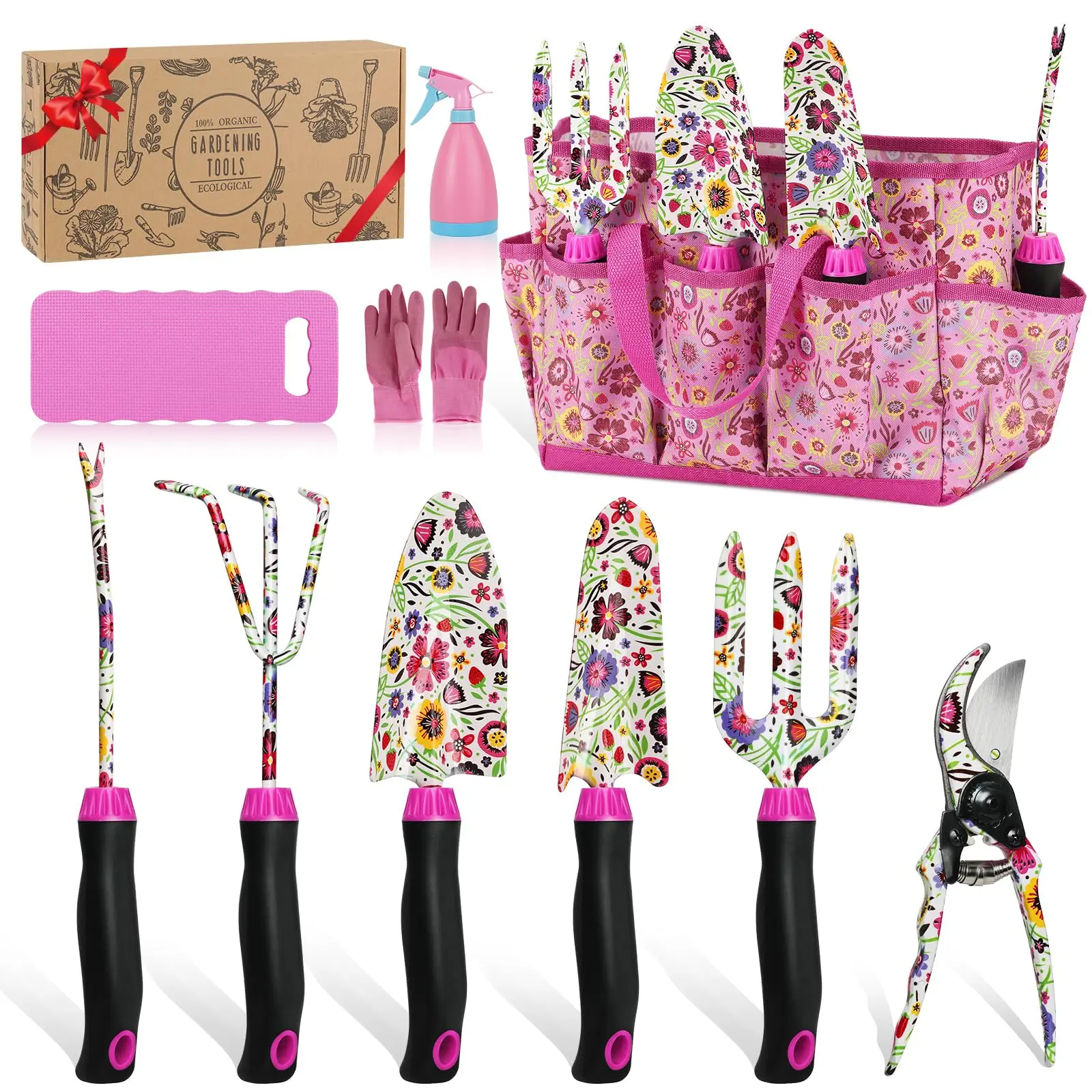Gardening Tools Set, 10 PCS Stainless Steel Heavy-Duty with Non-slip Soft Rubber Handle with Large Garden Bag, Floral Pattern Gardening Tool Set Gifts for Women Birthday Mother's Day, Pink Tool Kit Tool Box